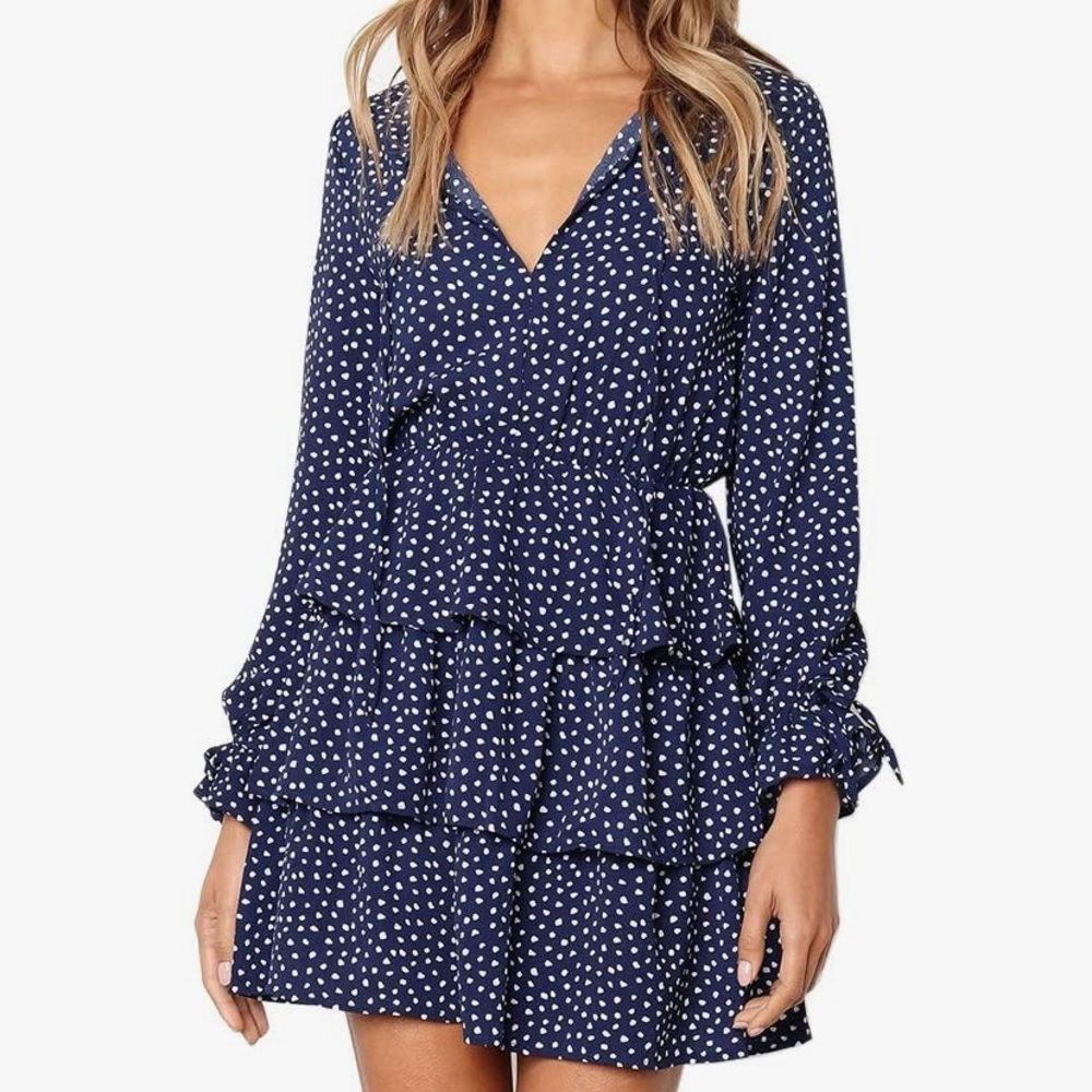 Navy and White Keyhole Ruffle Skirt Mini Dress